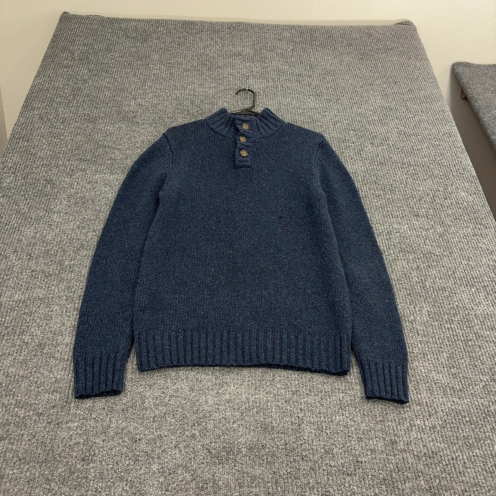 Lands End Sweater Mens S Blue Wool‎ Blend Elbow Patches Mock Neck Preppy Classic